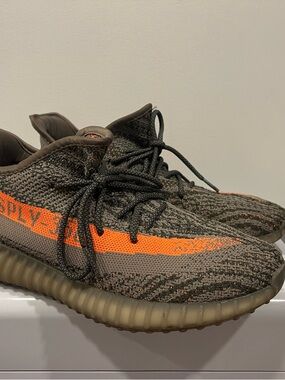 Yeezy Olive Green Knit Sneakers with Orange Stripes